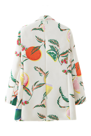 Fruit Print White Flower Notched Lapel Double Breasted Women's Blazer